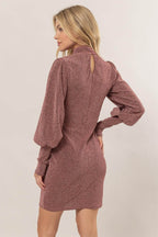 HYFVE Glitter Mock Neck Long Sleeve Mini Dress - Delanoir