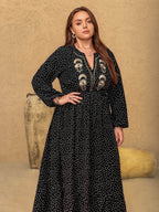 Plus Size Embroidered Polka Dot Notched Long Sleeve Dress - Delanoir