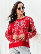 Snowflake Pattern Round Neck Sweater - Delanoir