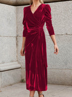 Surplice Puff Sleeve Midi Dress - Delanoir