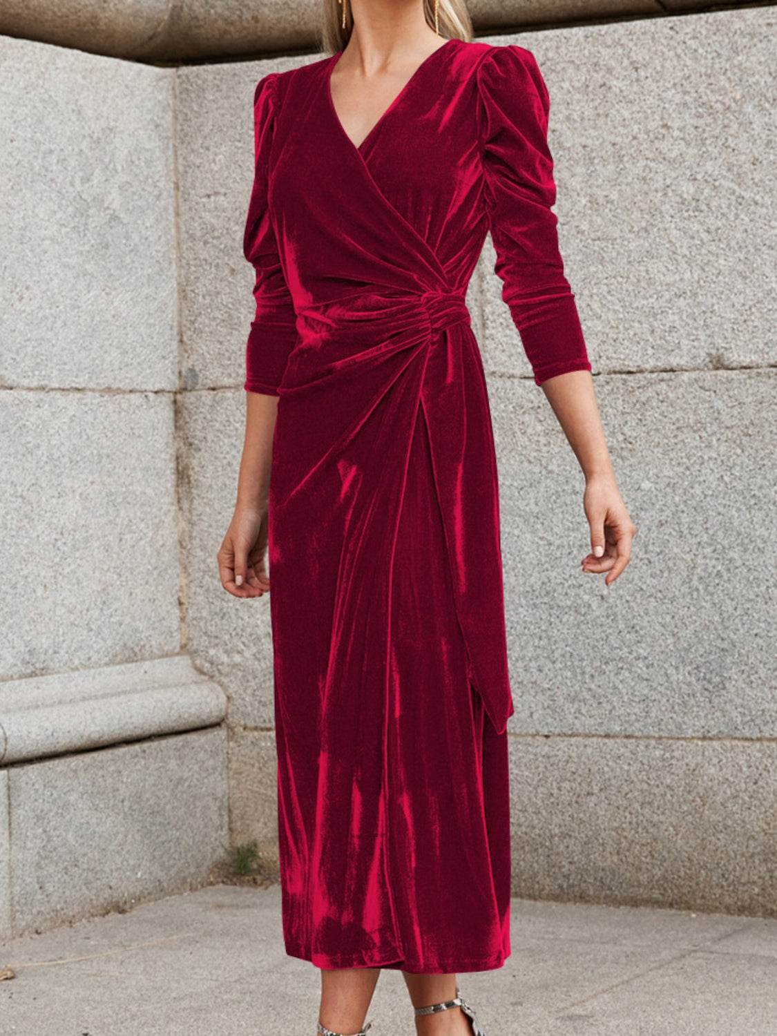 Surplice Puff Sleeve Midi Dress - Delanoir