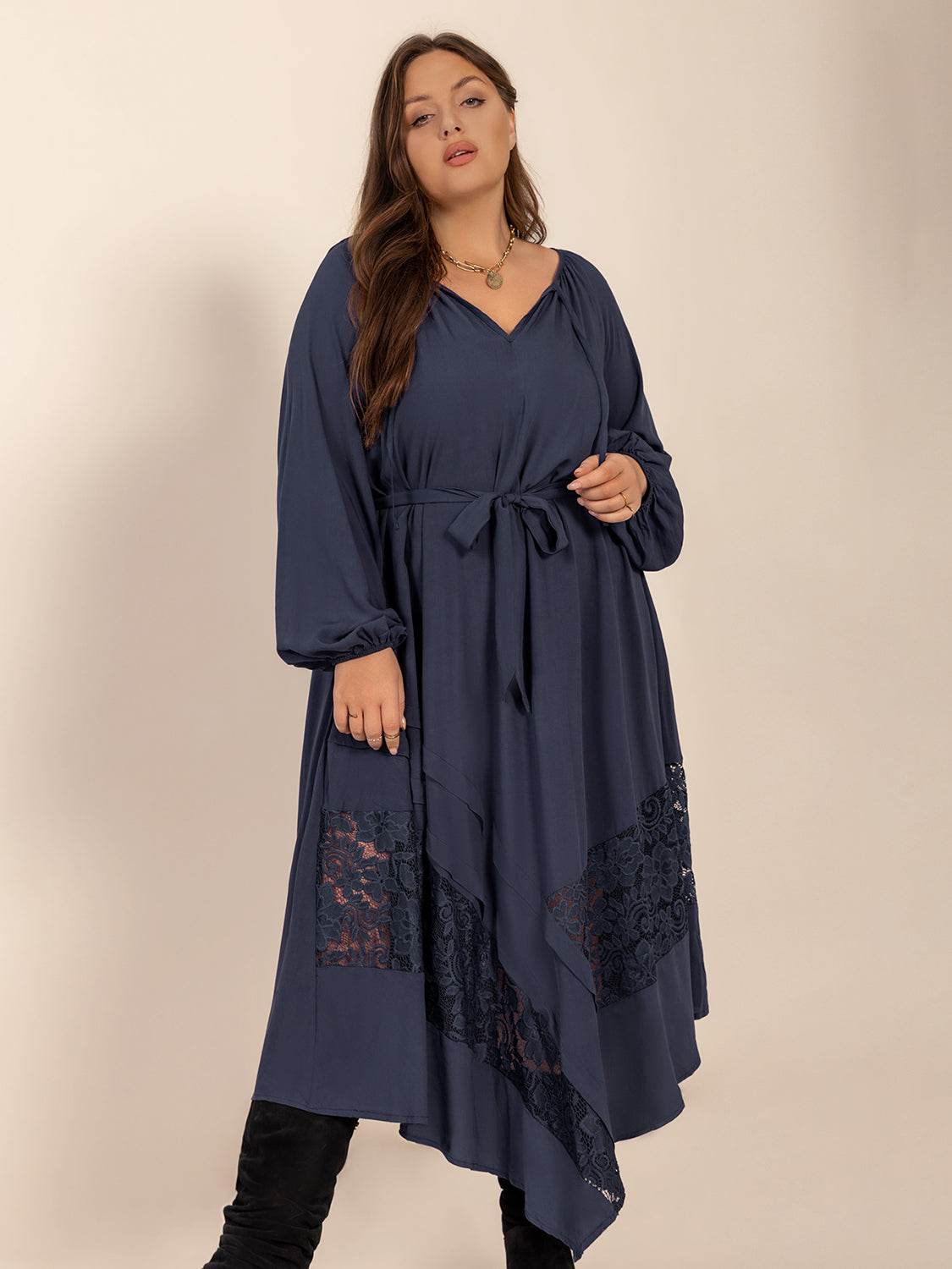 Plus Size Lace Detail Tie Neck Long Sleeve Midi Dress - Delanoir