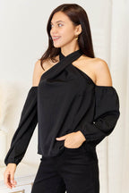 Perfee Grecian Cold Shoulder Long Sleeve Blouse - Delanoir