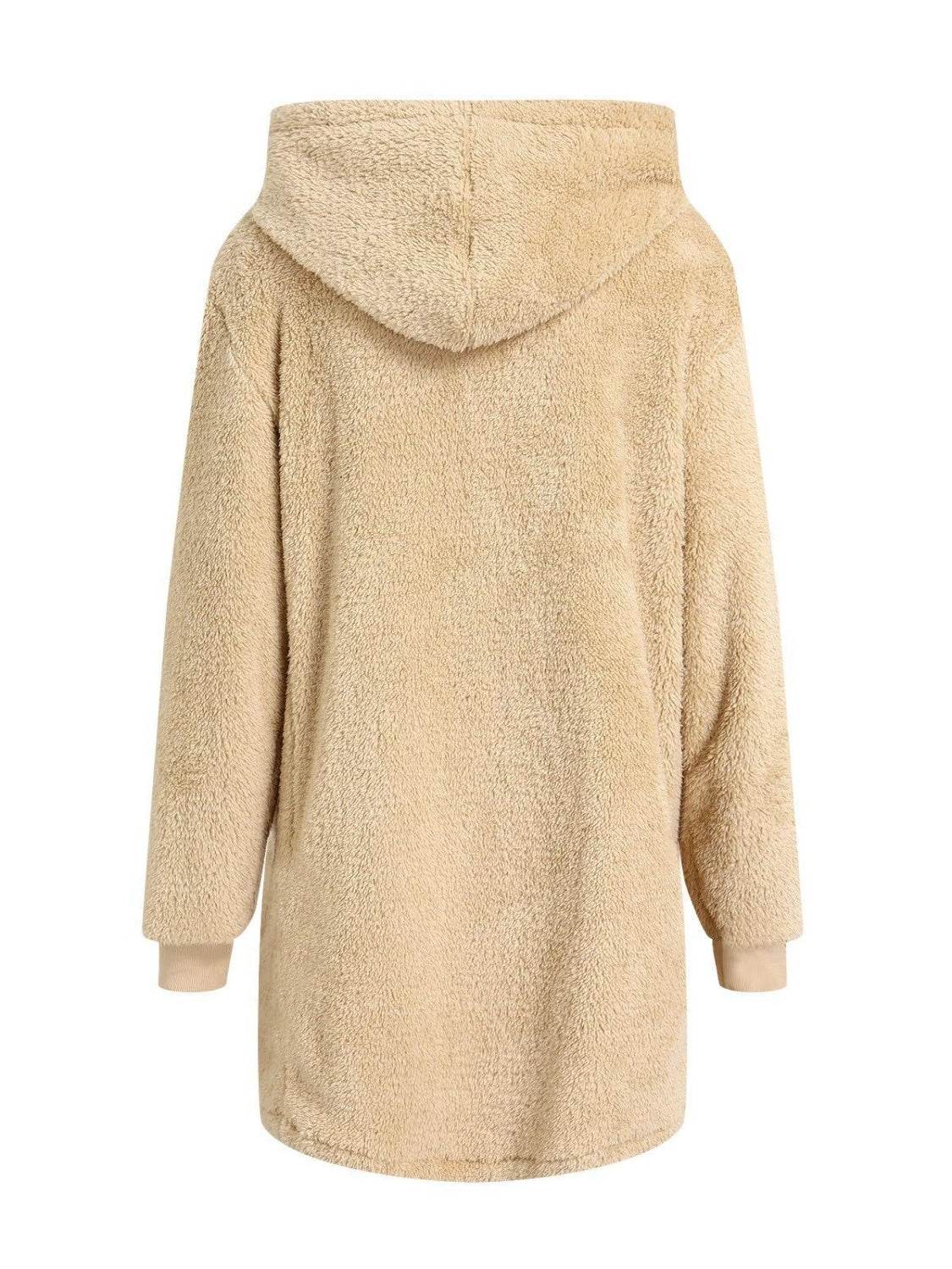 Fuzzy Pocketed Zip Up Long Sleeve Hooded Jacket - Delanoir