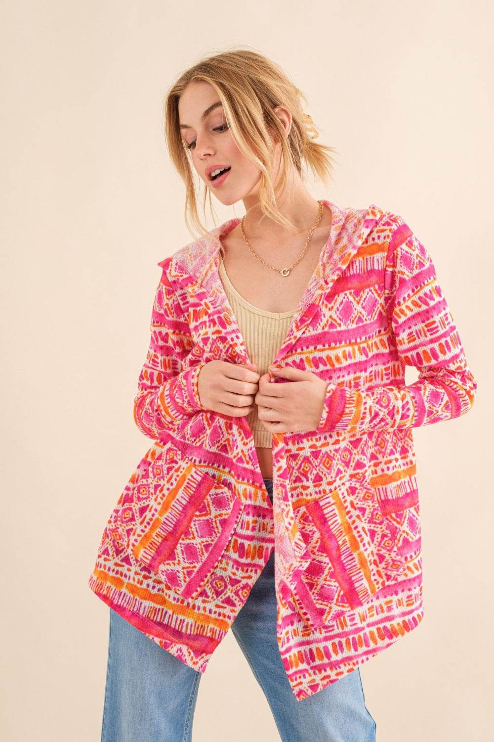 And The Why Full Size Printed Thermal Hooded Open Front Cardigan - Delanoir