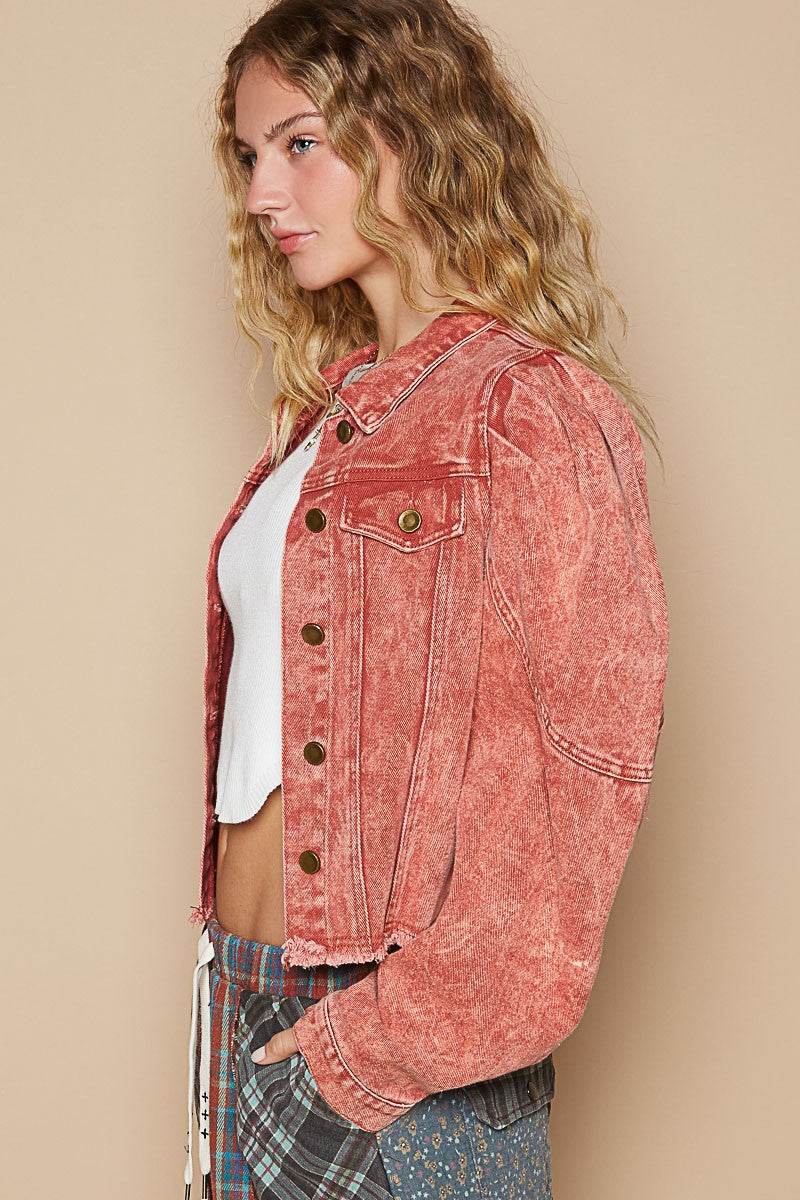 POL Raw Hem Button Up Cropped Denim Jacket - Delanoir