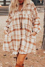 Plaid Collared Neck Long Sleeve Mini Shirt Dress - Delanoir