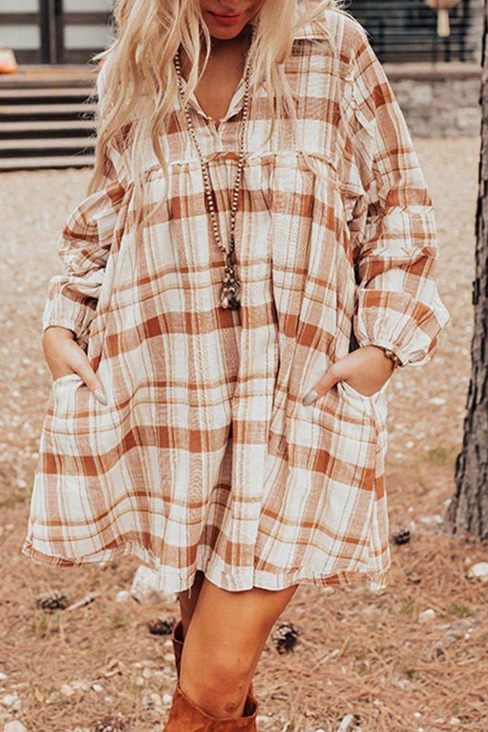 Plaid Collared Neck Long Sleeve Mini Shirt Dress - Delanoir