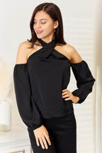 Perfee Grecian Cold Shoulder Long Sleeve Blouse - Delanoir