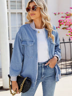 Pocketed Zip Up Baseball Collar Denim Jacket - Delanoir