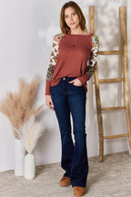 Hailey & Co Full Size Leopard Waffle-Knit Blouse - Delanoir