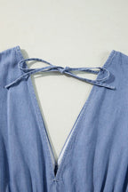 Tied Plunge Three-Quarter Sleeve Denim Dress - Delanoir