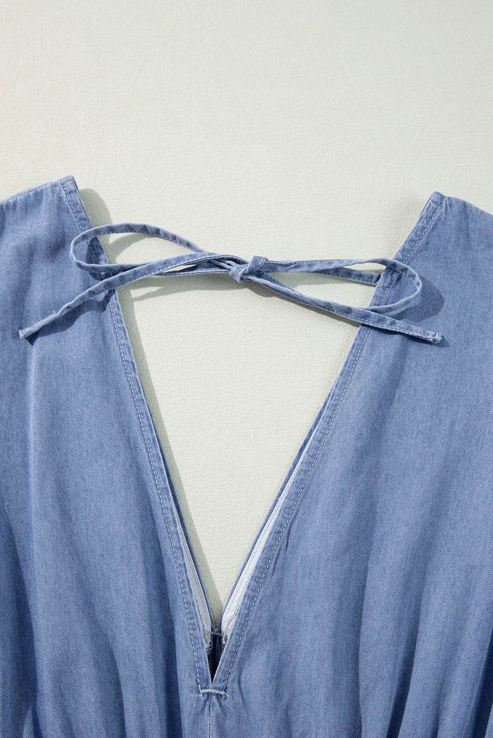 Tied Plunge Three-Quarter Sleeve Denim Dress - Delanoir