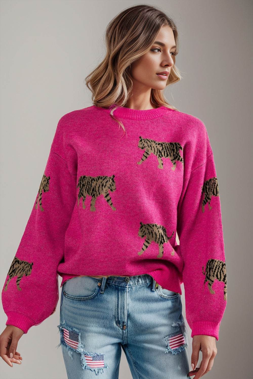 Tiger Pattern Round Neck Drop Shoulder Sweater - Delanoir