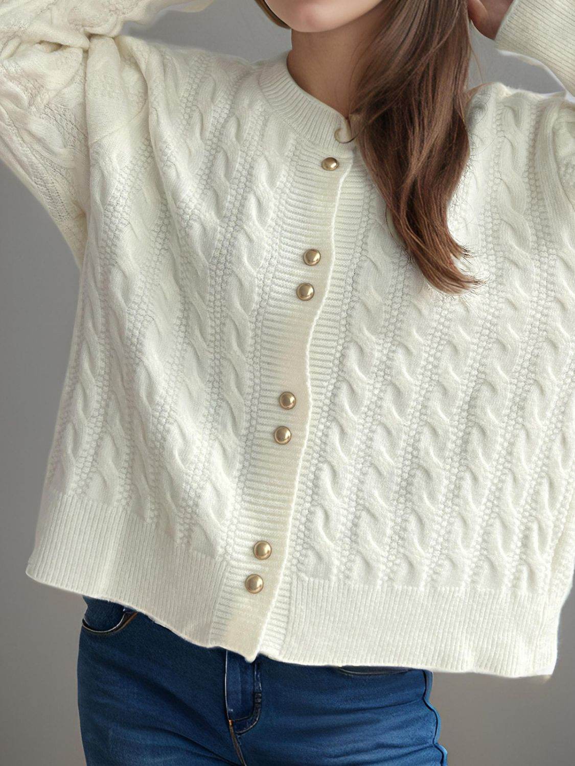 Cable-Knit Round Neck Long Sleeve Cardigan - Delanoir