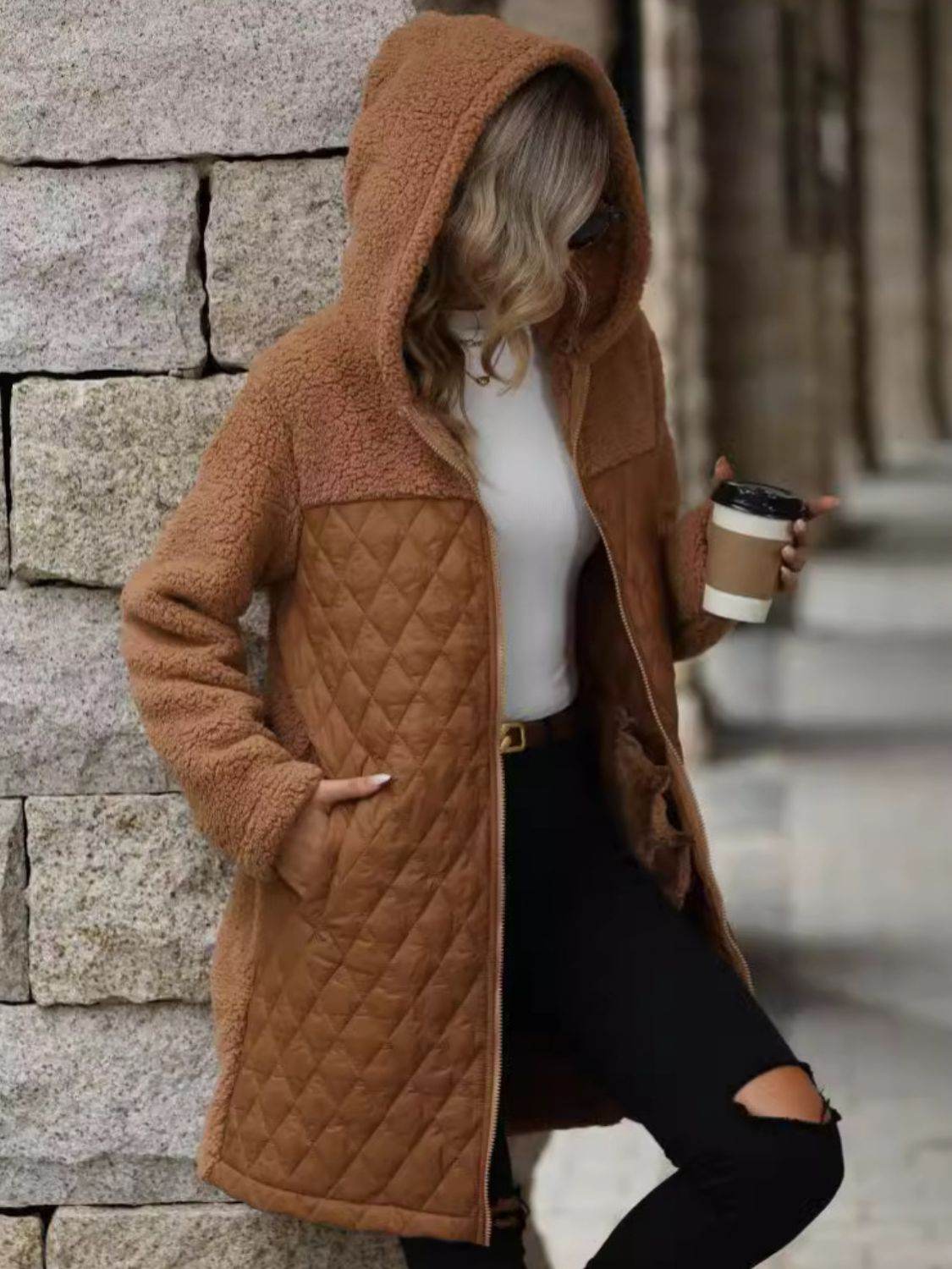 Texture Zip Up Long Sleeve Hooded Coat - Delanoir