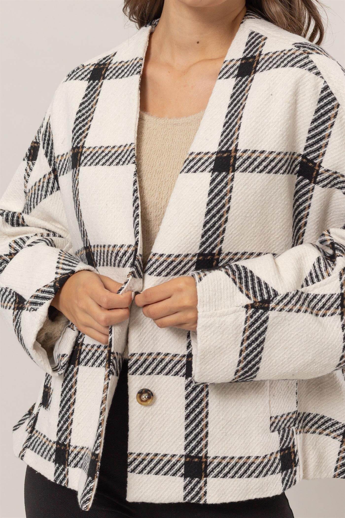 HYFVE Plaid Long Sleeve Jacket with Side Slit Pockets - Delanoir