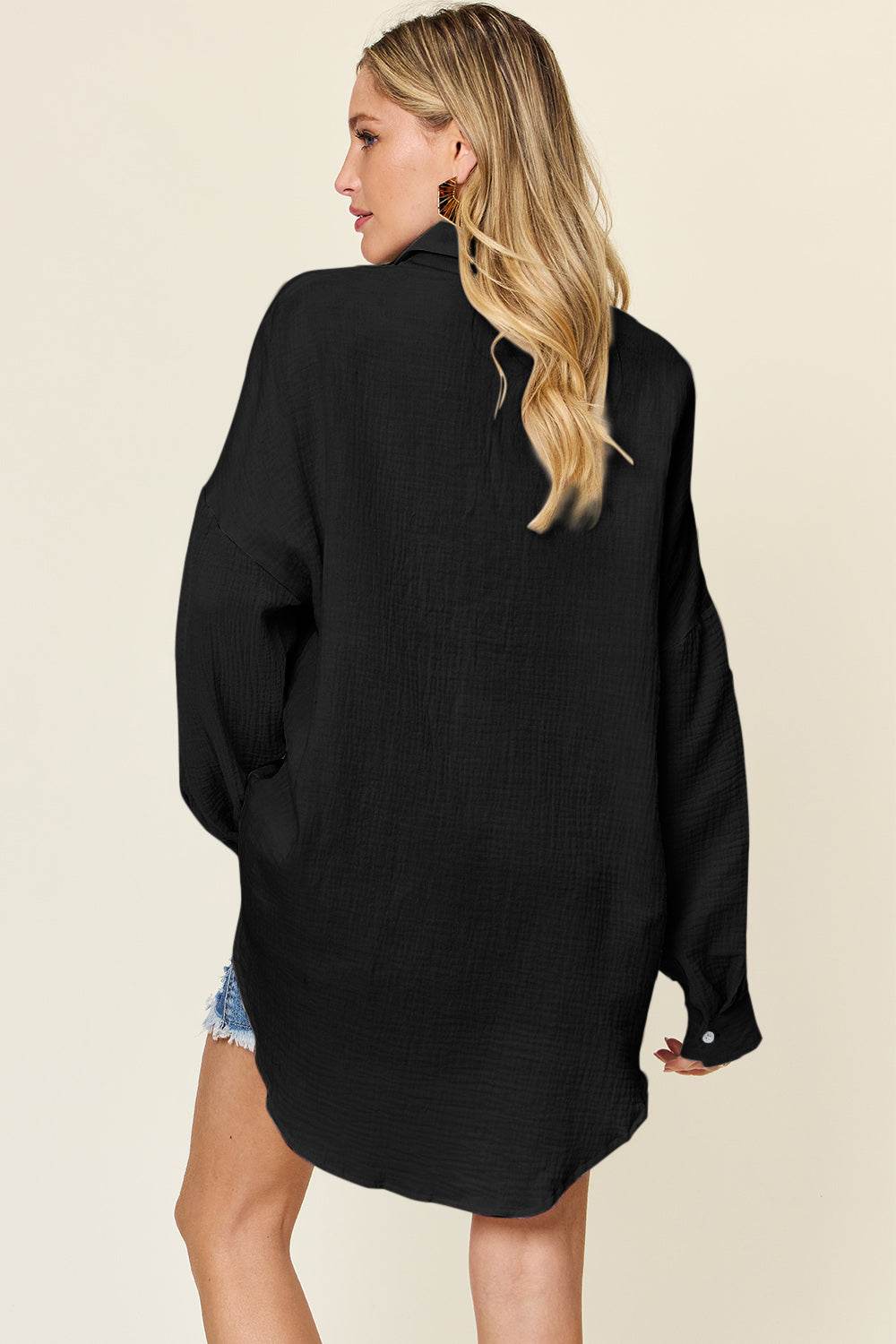 Double Take Full Size Pocketed Texture Button Up Shirt - Delanoir