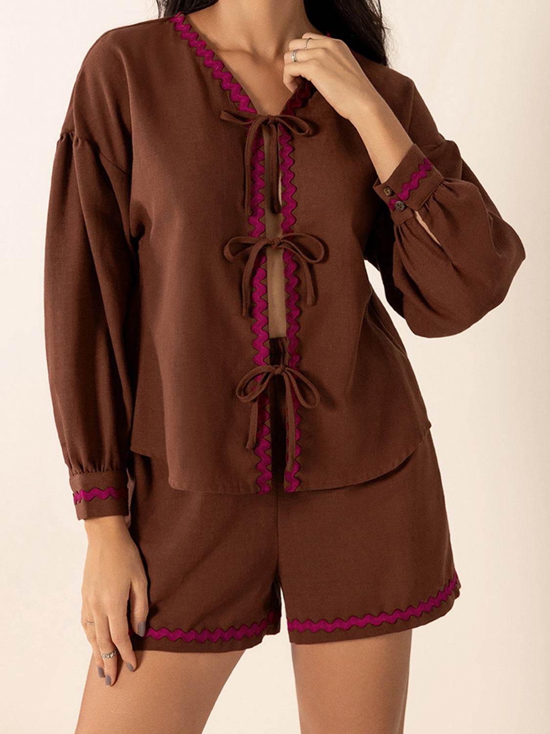 Tied V-Neck Long Sleeve Top and Shorts Set - Delanoir
