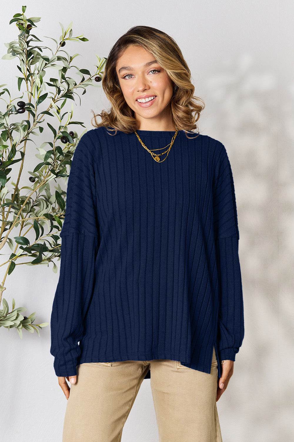 Basic Bae Full Size Ribbed Round Neck Slit Knit Top - Delanoir
