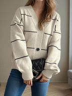 Striped Button Down V-Neck Long Sleeve Cardigan - Delanoir