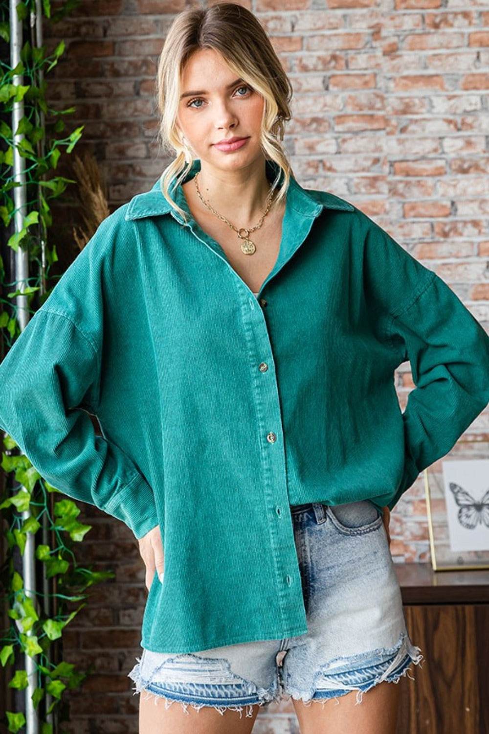 First Love Washed Corduroy Button Down Long Sleeve Shirt - Delanoir