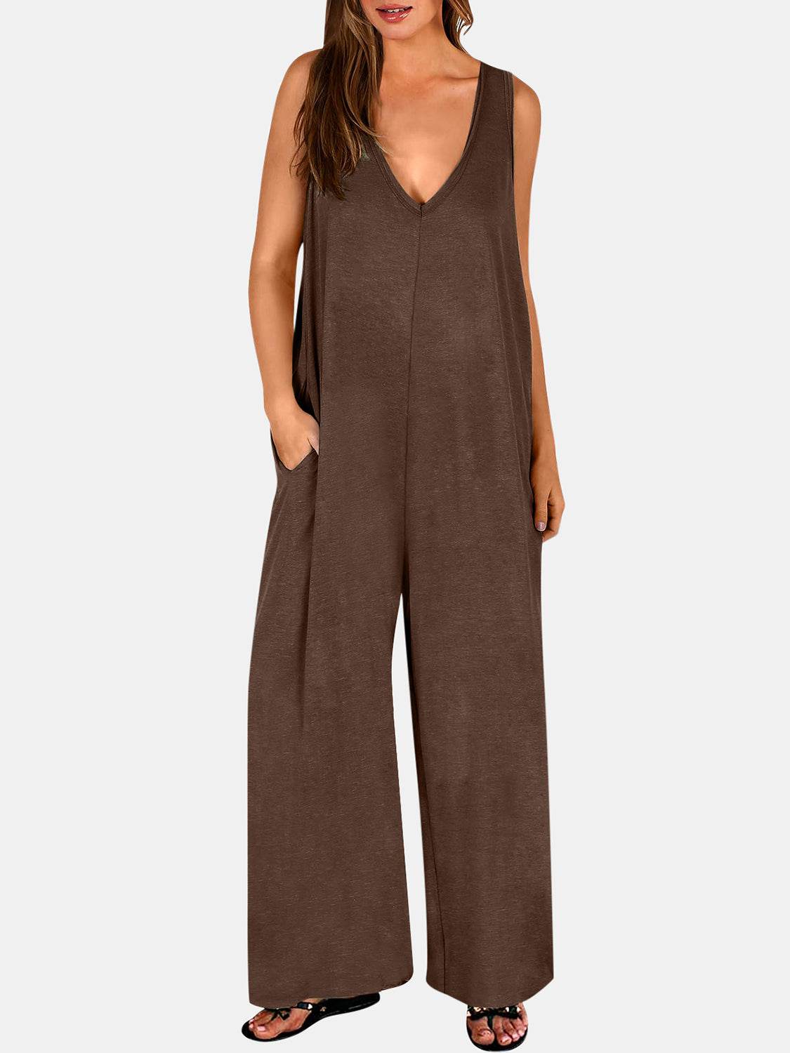 Full Size V-Neck Wide Strap Jumpsuit - Delanoir