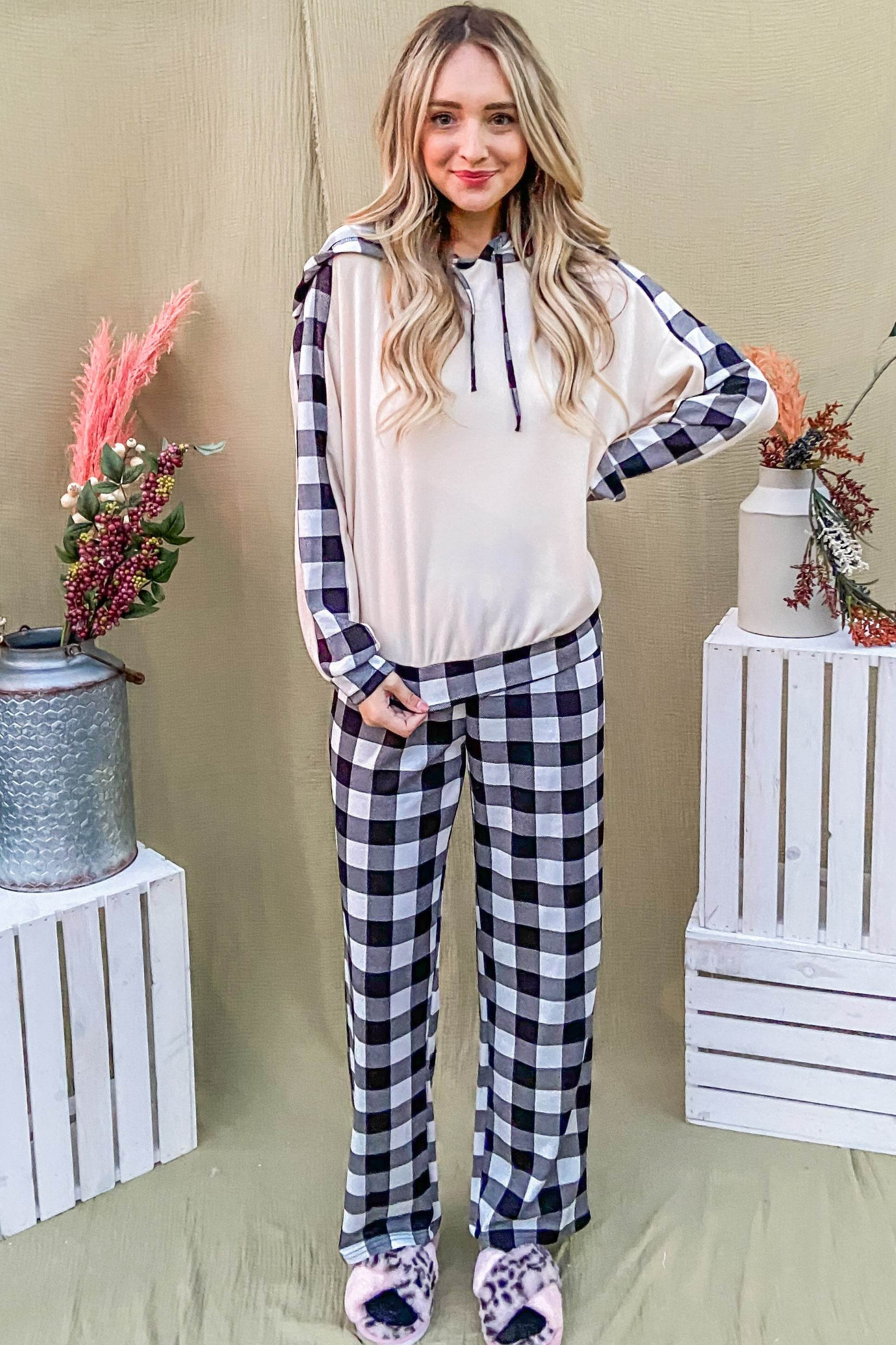 And The Why Drawstring Hooded Top and Plaid Pants Lounge Set - Delanoir