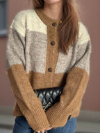 Color Block Round Neck Button Up Cardigan - Delanoir