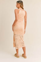 MABLE Floral Design Knit Slit Midi Dress - Delanoir