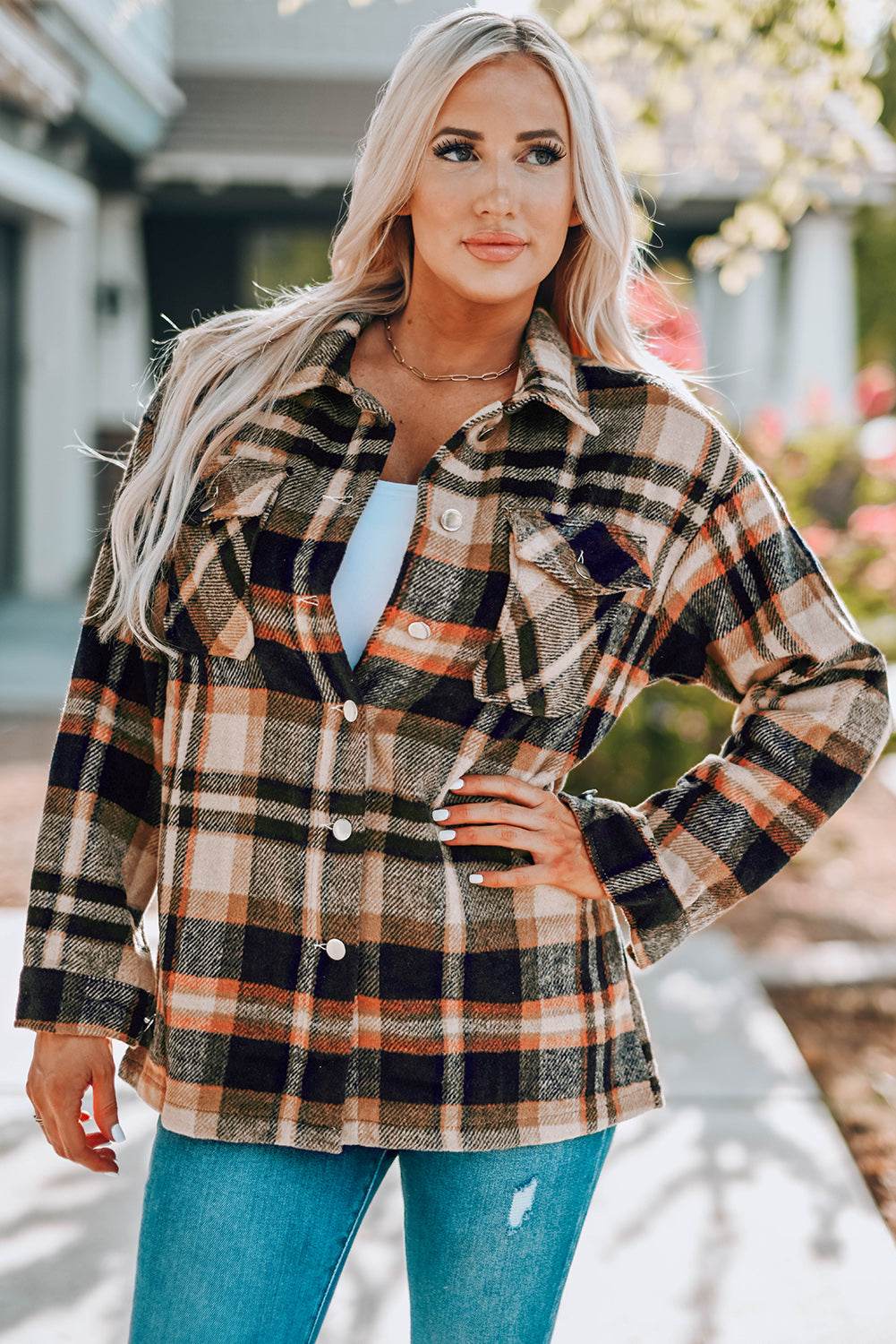 Plaid Button Front Shirt Jacket with Breast Pockets - Delanoir