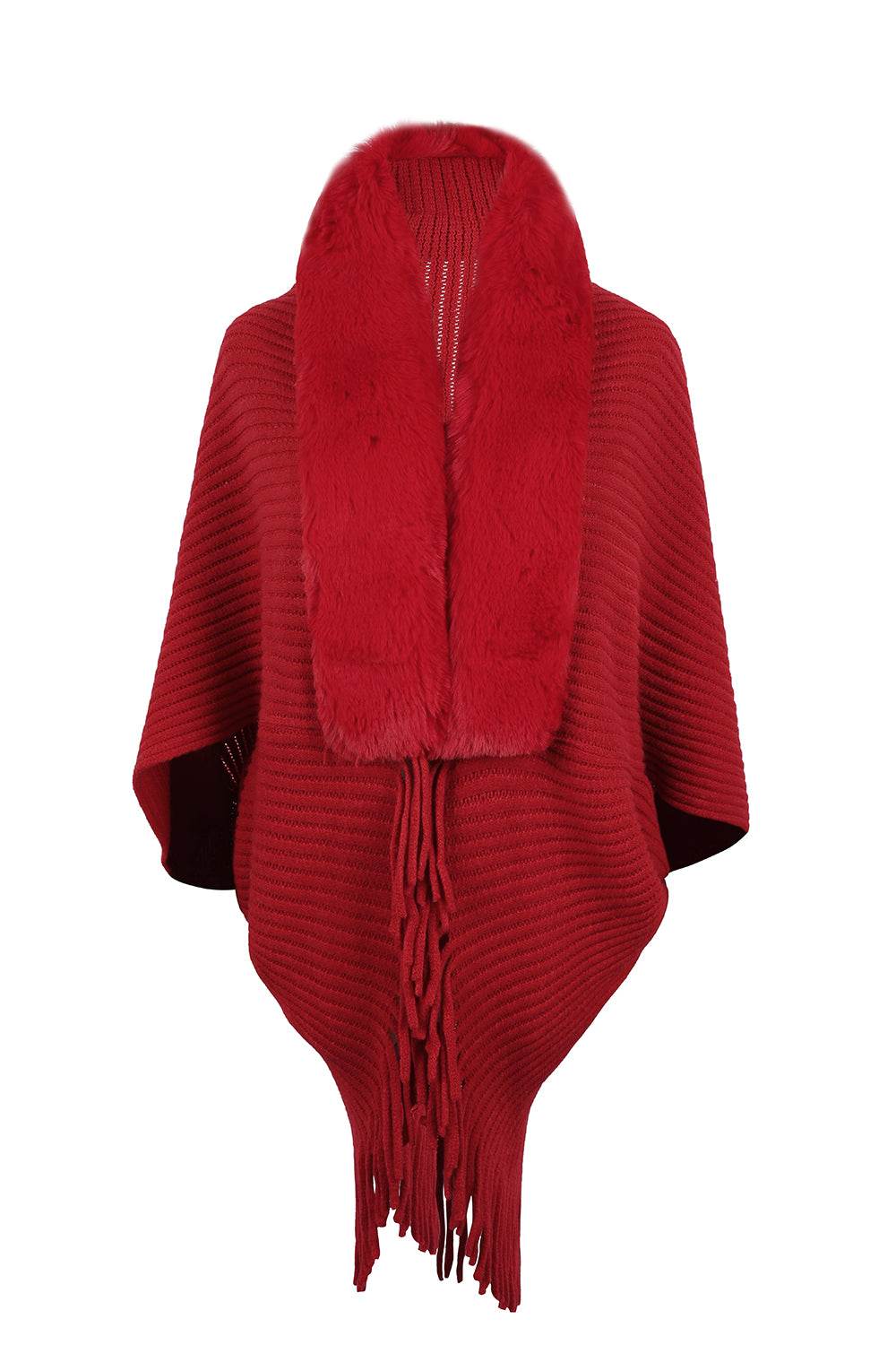 Fringe Detail Long Sleeve Ribbed Poncho - Delanoir