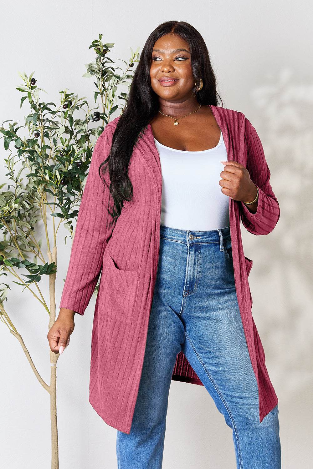 Basic Bae Full Size Hooded Sweater Cardigan - Delanoir