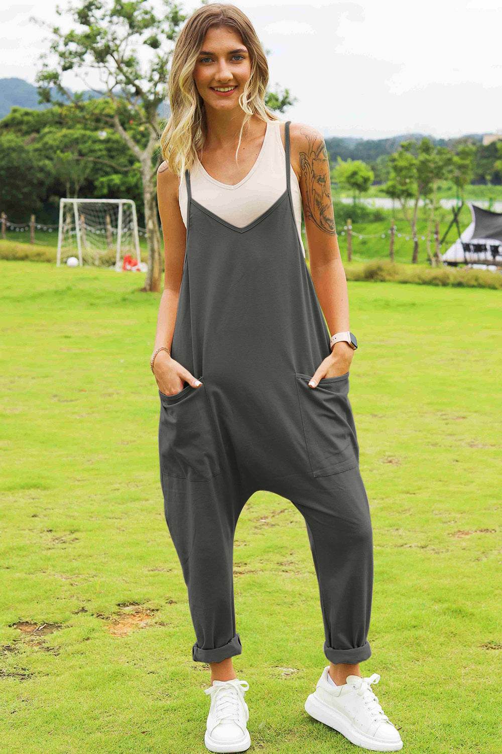 Double Take Full Size Sleeveless V-Neck Pocketed Jumpsuit - Delanoir