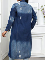 Distressed Button Up Collared Neck Denim Top - Delanoir