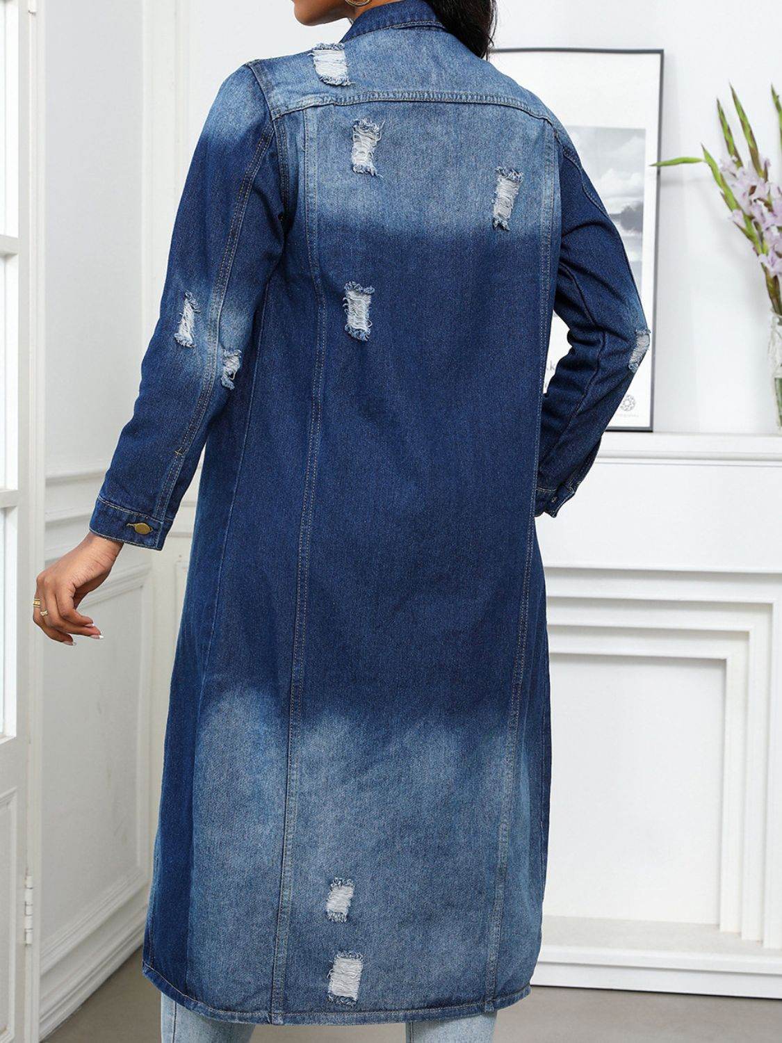 Distressed Button Up Collared Neck Denim Top - Delanoir