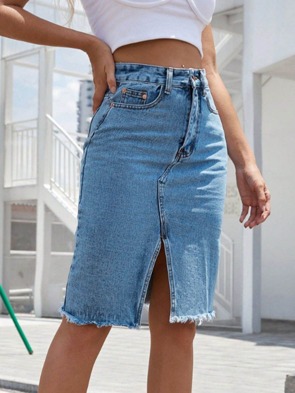 Raw Hem Slit Denim Skirt - Delanoir