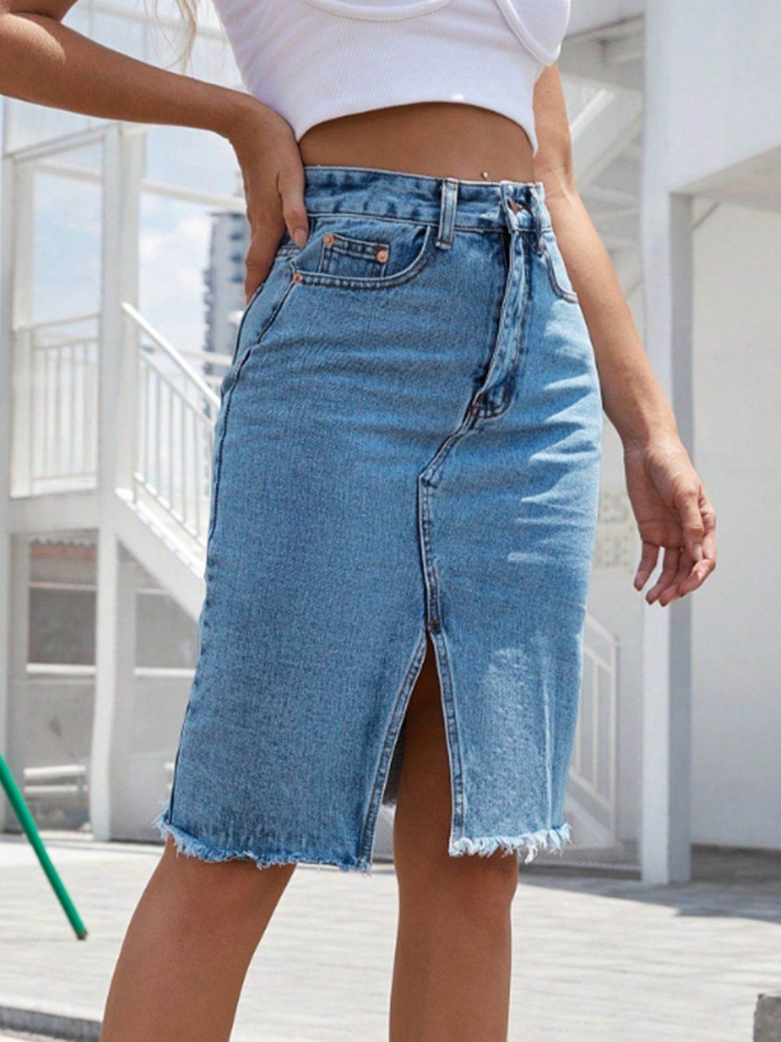 Raw Hem Slit Denim Skirt - Delanoir