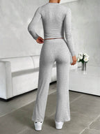 Round Neck Long Sleeve Top and Drawstring Pants Set - Delanoir