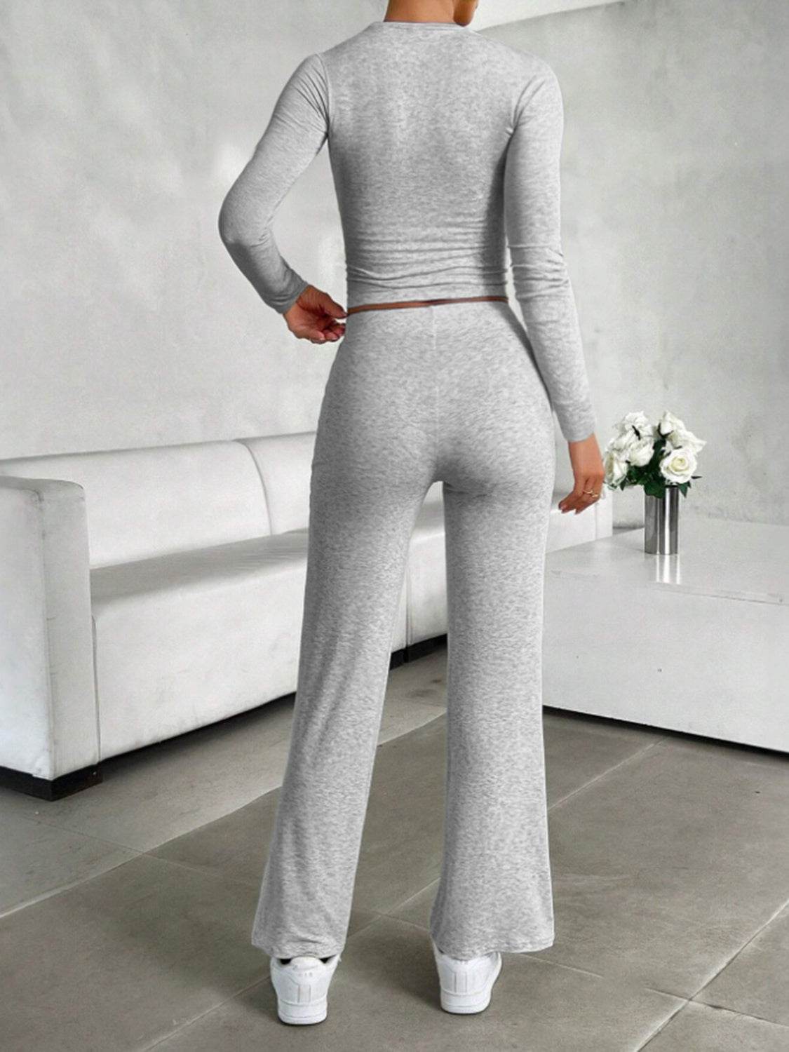 Round Neck Long Sleeve Top and Drawstring Pants Set - Delanoir