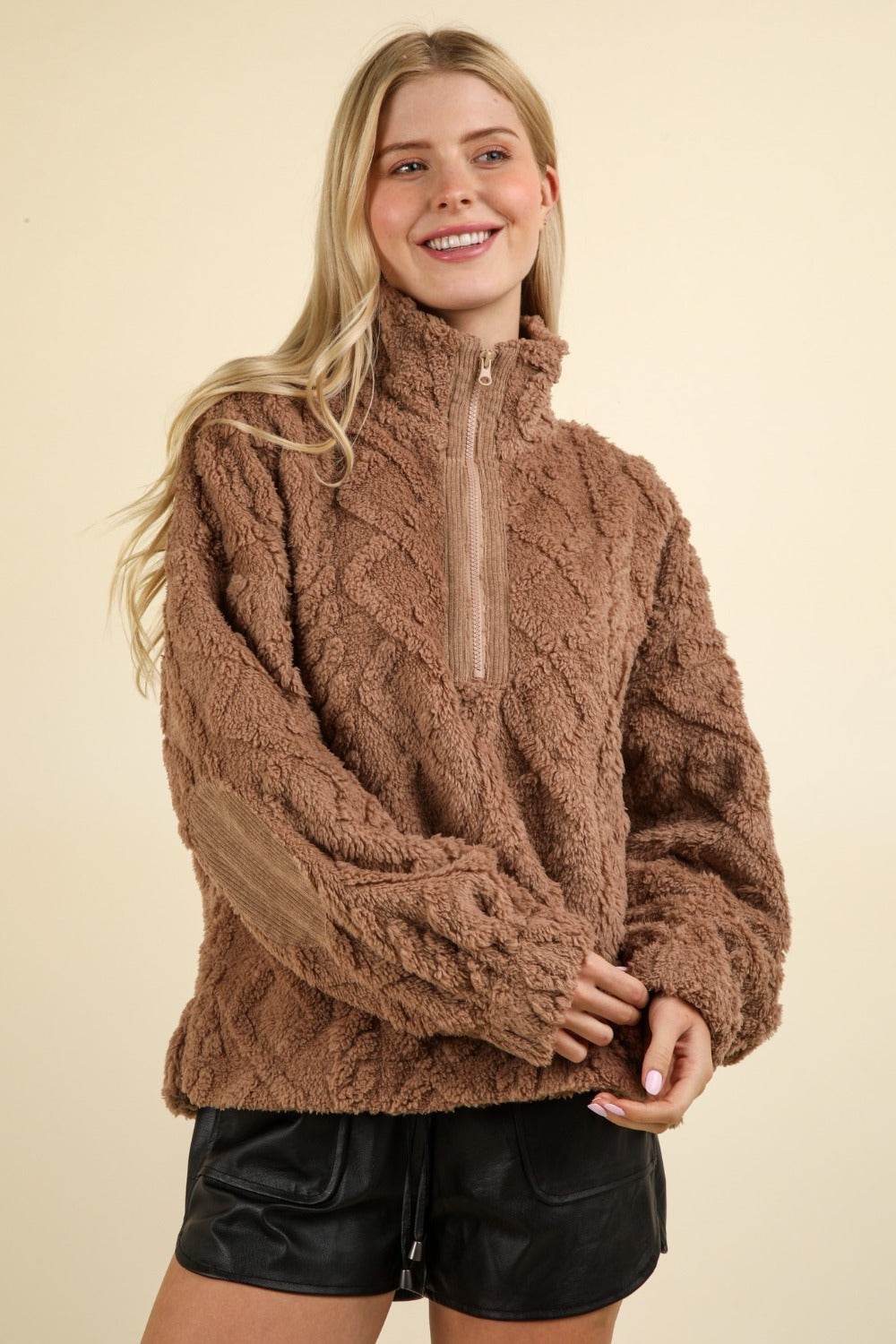 VERY J Fuzzy Fleece Half Zip Cable Pattern Sweatshirt - Delanoir