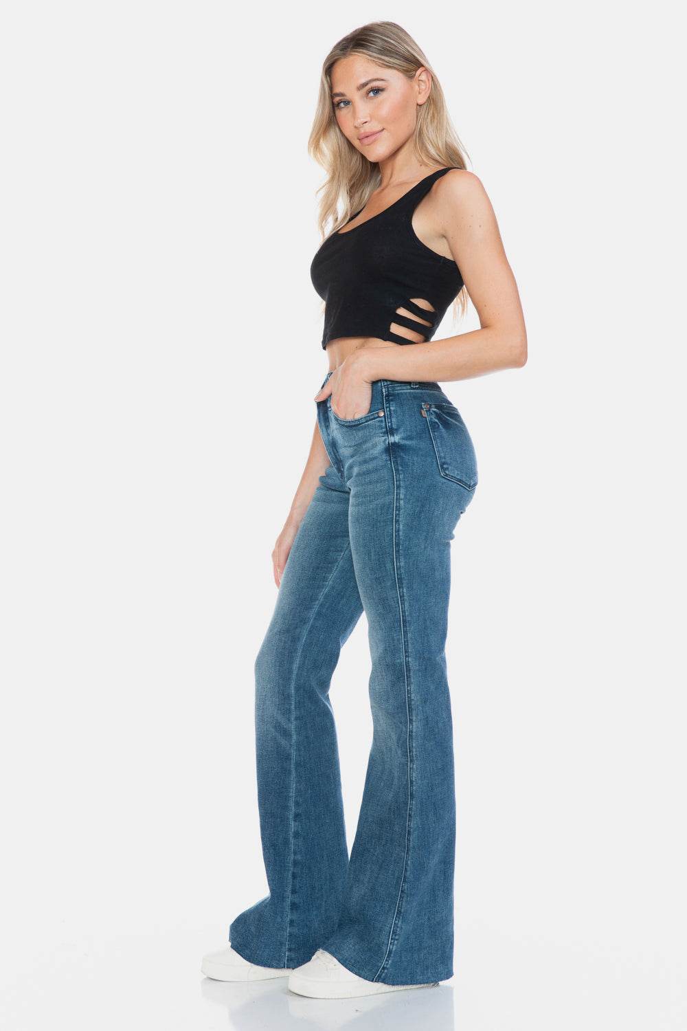 Judy Blue Full Size Tummy Control Cut Hem Flare Jeans - Delanoir