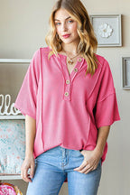 Heimish Full Size Ribbed Half Button Drop Shoulder Top - Delanoir