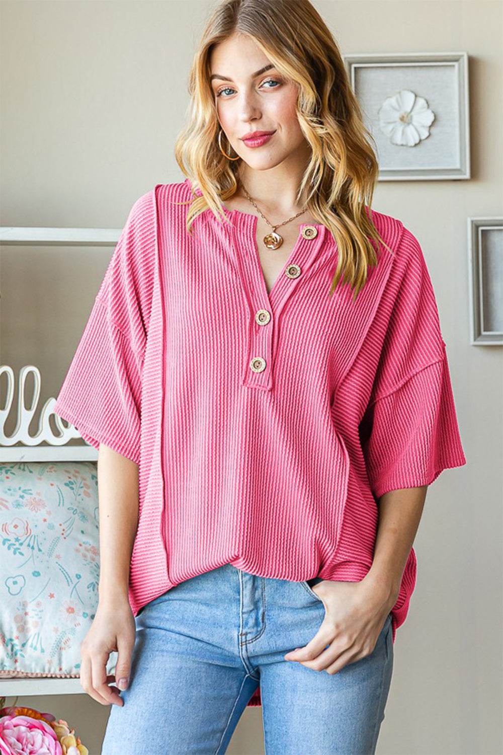 Heimish Full Size Ribbed Half Button Drop Shoulder Top - Delanoir