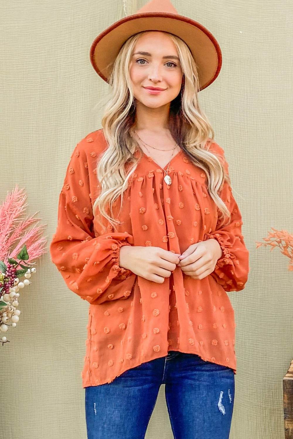 And The Why Swiss Dot V Neck Balloon Sleeve Woven Blouse - Delanoir