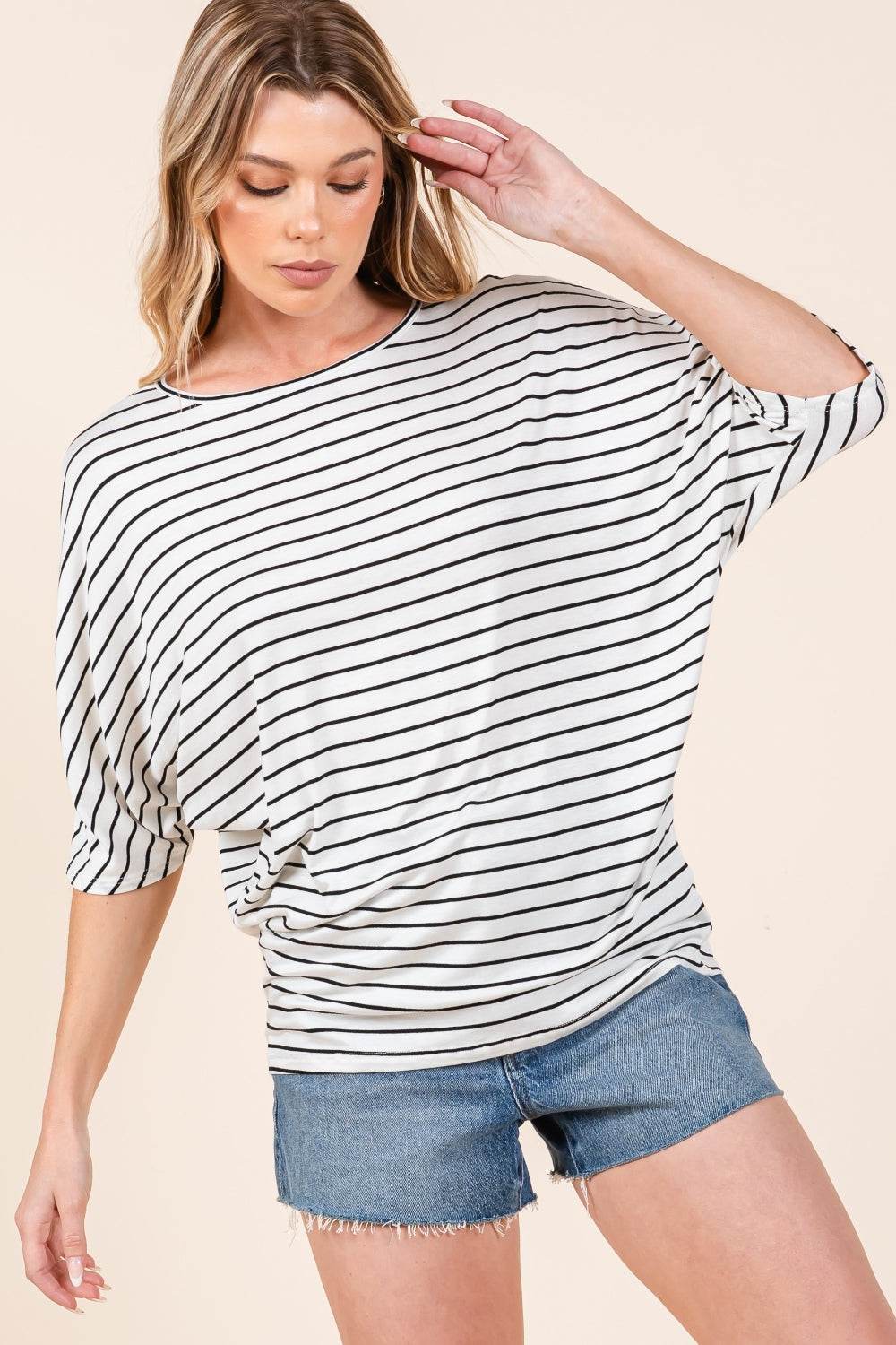 BOMBOM Striped Boat Neck Dolman Sleeve Top - Delanoir