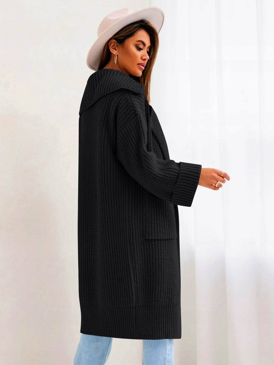 Pocketed Collared Neck Dropped Shoulder Cardigan - Delanoir