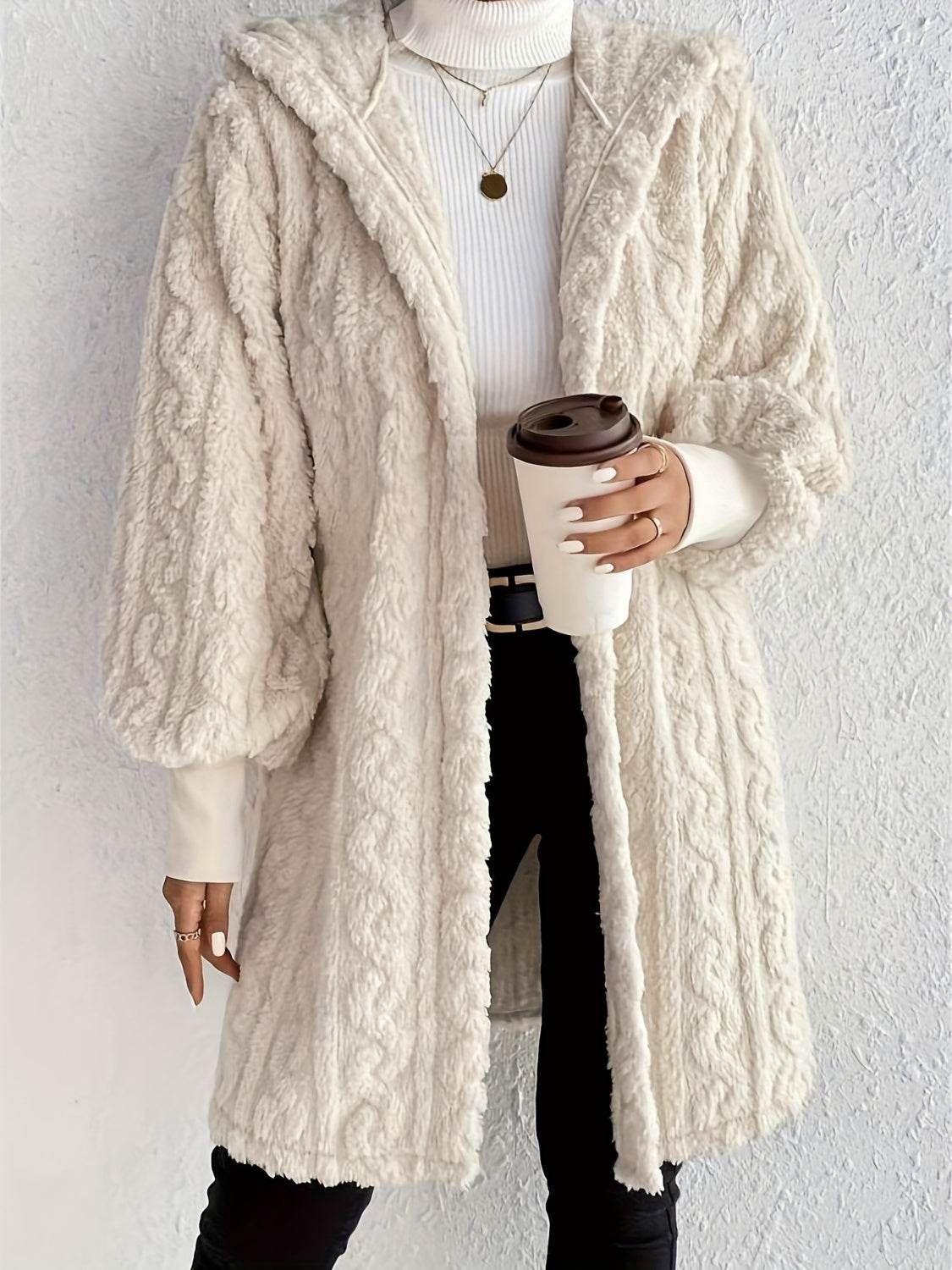 Open Front Long Sleeve Fuzzy Hooded Jacket - Delanoir