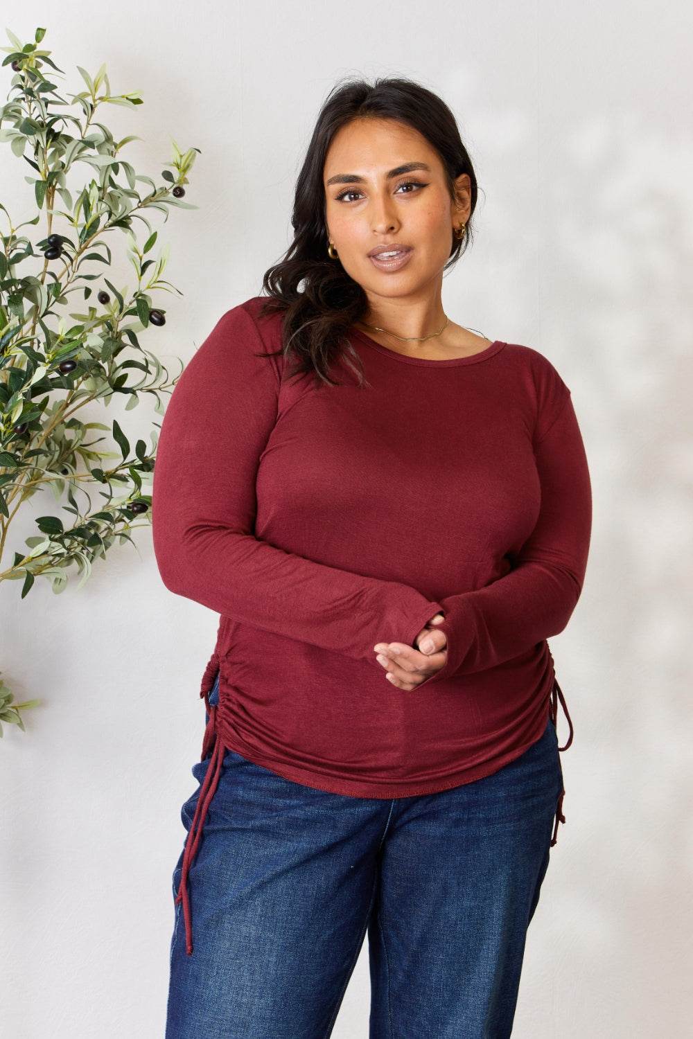 Culture Code Full Size Drawstring Round Neck Long Sleeve Top - Delanoir