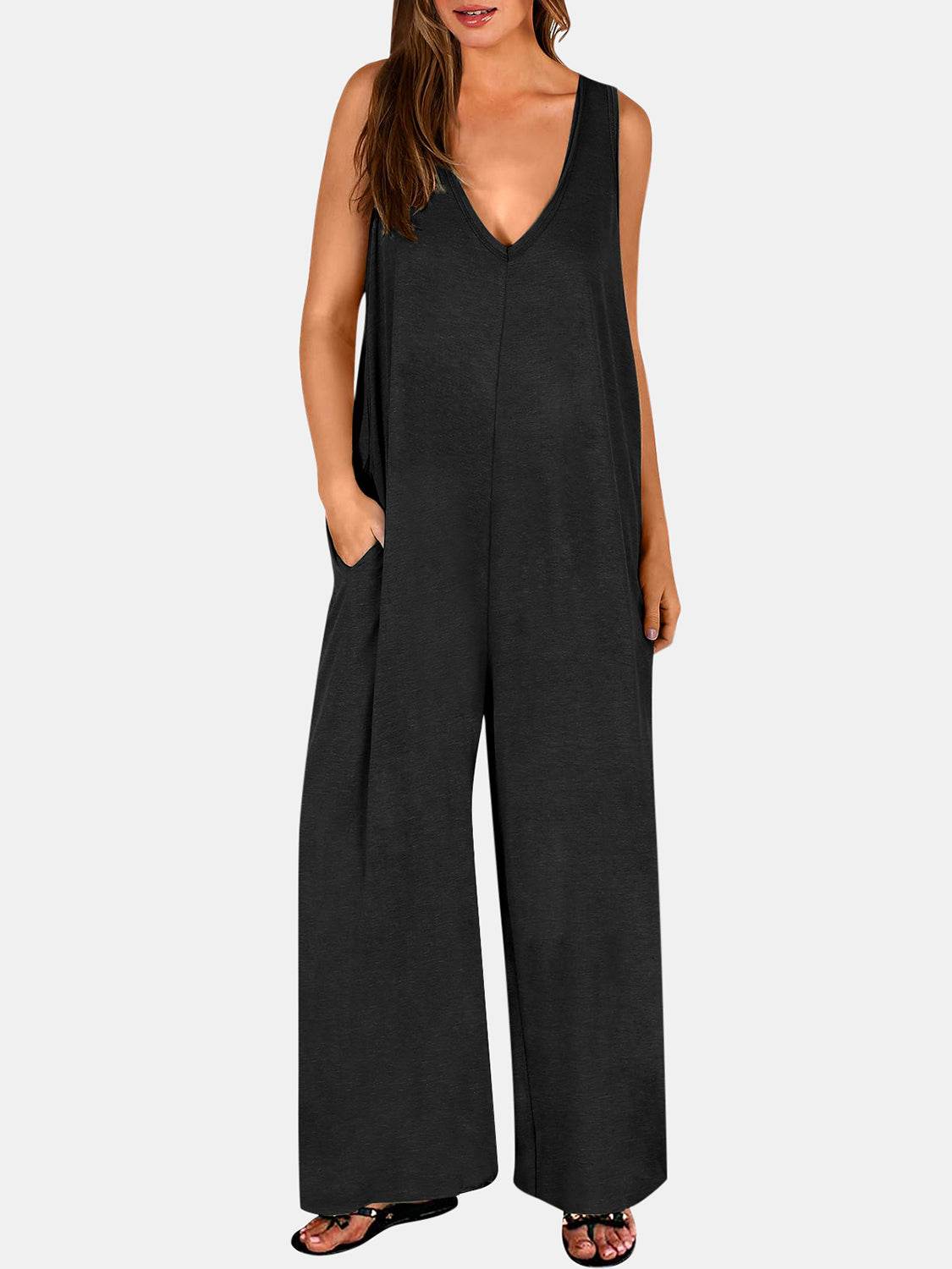 Full Size V-Neck Wide Strap Jumpsuit - Delanoir